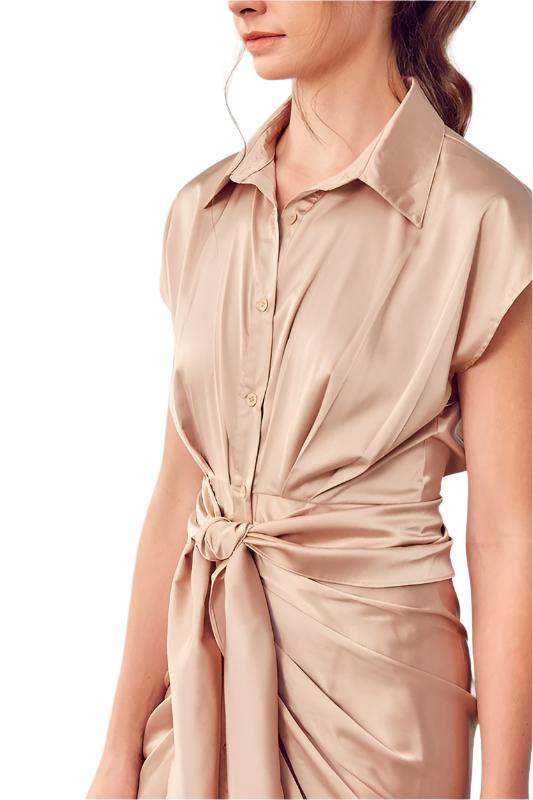 Collar Button Up Front Tie Dress