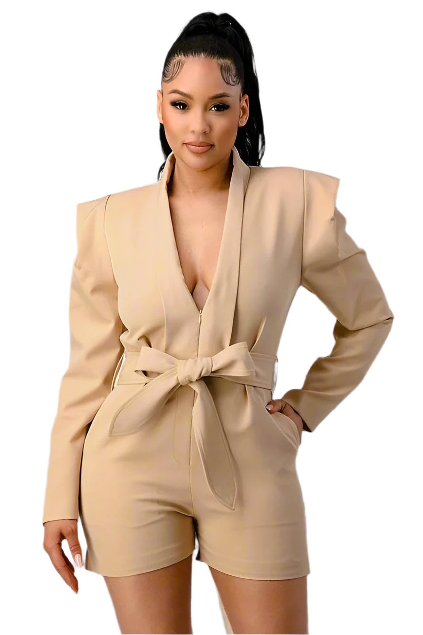 Business casual blazer romper with belt